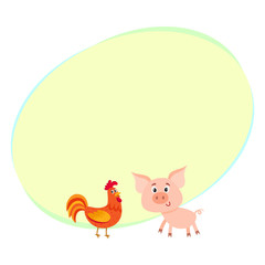 Poster, label, banner template with farm baby pig and red rooster, cartoon vector illustration. Cute and funny farm pig and rooster with friendly faces and big eyes with space for text.