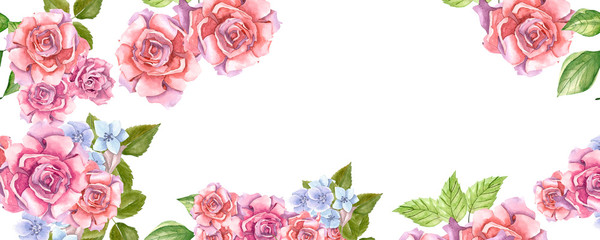 Pink Roses With Leaves Painted In Watercolor