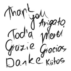 Thank you dry brush illustration in different languages. Vector drawn calligraphy. Isolated on white background.