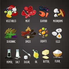 Cooking ingredients isolated colors icons set. Food. Meat and vegetables. Realistic vector illustration.