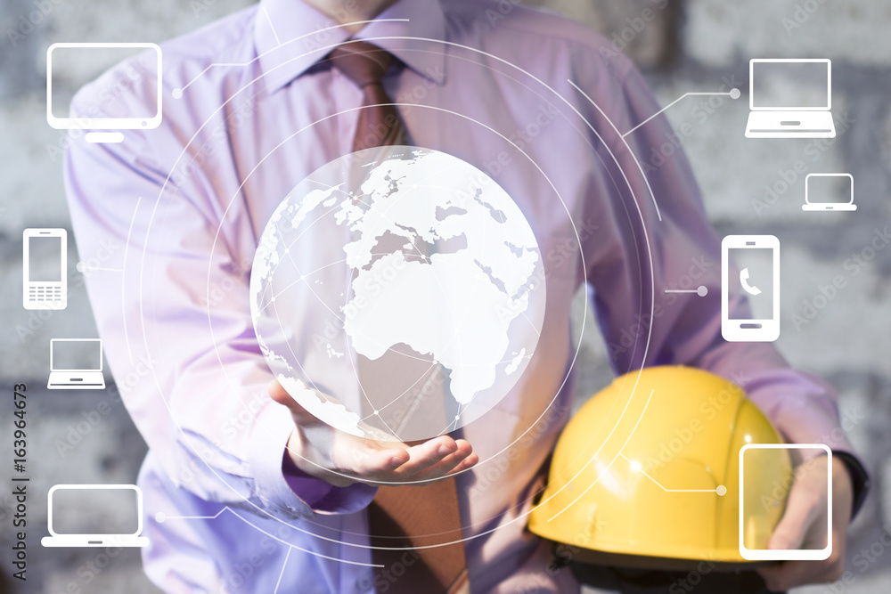 Poster businessman pressing button map virtual computer network industry