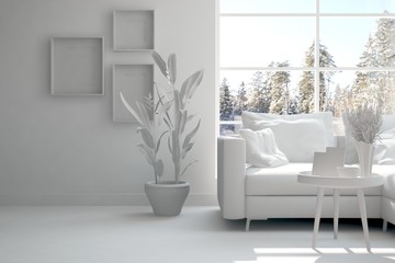White room with sofa and winter landscape in window. Scandinavian interior design. 3D illustration