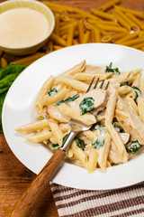 Spinach Chicken Alfredo Parmesan Pasta. Selective focus.