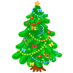Christmas tree with bright toys in white background / Cartoon style clipart for Christmas
