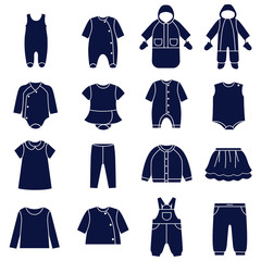 Icon set of types of clothes for babies / There are all season casual clothes for babies
