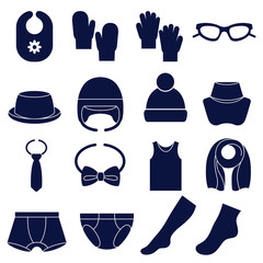 Icon set of types of accessories for children / There are winter accessories, occasion accessories, and underwear

