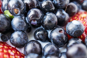 Strawberries, blueberries and milk in a white bowl