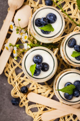 Greek Yogurt with Blueberries and Granola Parfait. Selective focus.