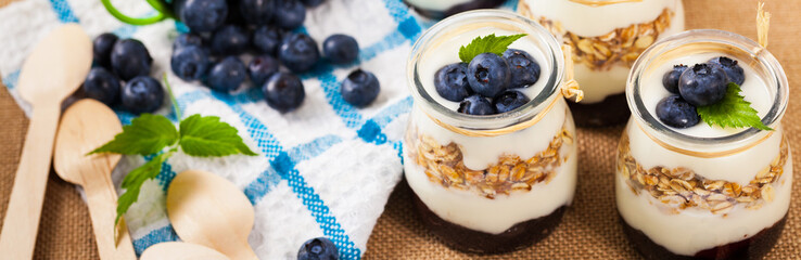 Yogurt Dessert with Blueberries Panoramic image. Selective focus.