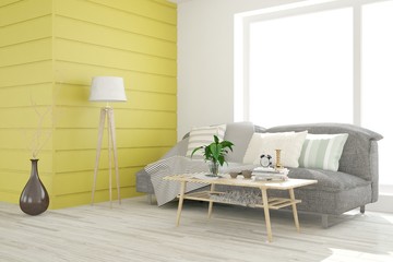 Yellow  modern room with sofa. Scandinavian interior design. 3D illustration
