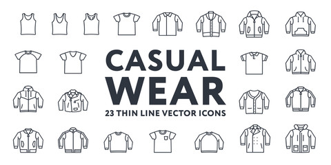 Thin Line Stroke Casual Sportswear Menswear Clothes Vector Icons Set: T-shirt, Tank top, Polo, Sweater, Sweatshirt, Cardigan, Leather Jacket, Bomber, Hoodie, Pea Coat. © Артём Ковязин