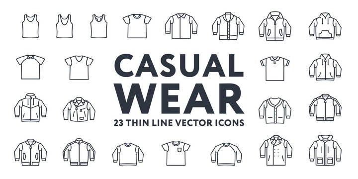 Thin Line Stroke Casual Sportswear Menswear Clothes Vector Icons Set: T-shirt, Tank top, Polo, Sweater, Sweatshirt, Cardigan, Leather Jacket, Bomber, Hoodie, Pea Coat.
