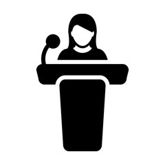 Podium Icon Vector Woman Person Public Speech with Microphone Glyph Pictogram illustration