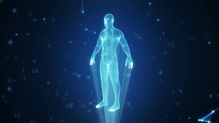 Human hologram from points and polygons in a cloud of binary code and connections - Powered by Adobe