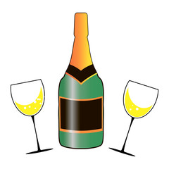 Two glasses of champagne. A bottle of champagne. Concept holiday, New year, celebration. Illustration.
