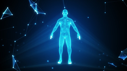 Human hologram in a cloud of compounds 3d illustration with copy space