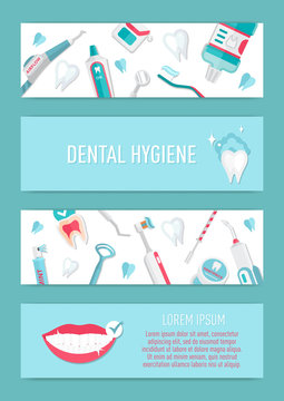 Medical teeth hygiene leaflet and banners template design vector with tools and equipment on blue background. Take care teeth.