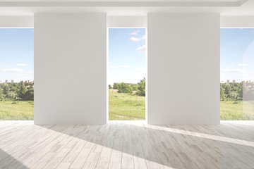 White empty room with green landscape in window. Scandinavian interior design. 3D illustration