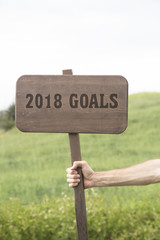 2018 GOALS - hand holding chalkboard with text. green nature background. 