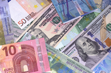 Fototapeta na wymiar Abstract dollar euro and swiss franc background.