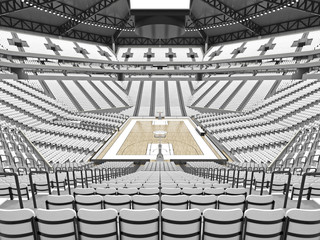 Large modern basketball arena with white seats