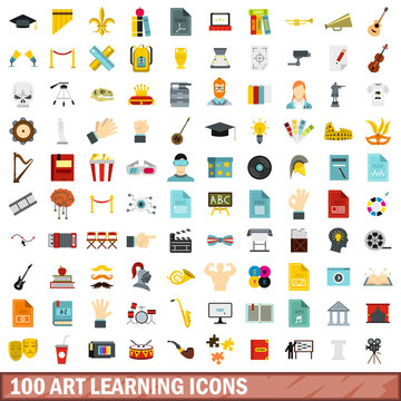 100 art learning icons set, flat style