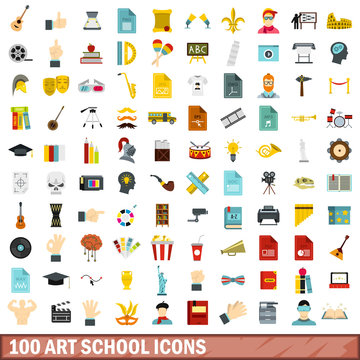 100 art school icons set, flat style