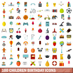 100 children birthday icons set, flat style