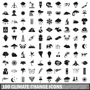 100 climate change icons set, simple style 