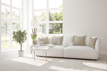 White room with sofa and green landscape in window. Scandinavian interior design. 3D illustration