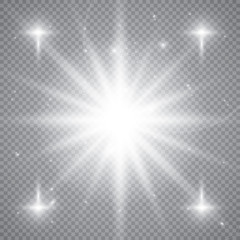 White glowing light burst explosion with transparent. Vector illustration for cool effect decoration with ray sparkles. Bright star. Transparent shine gradient glitter, bright flare. Glare texture.