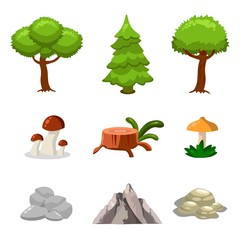 Cartoon nature landscape elements set, trees, stones and grass clip art, isolated on white background. Flat and cartoon style. Vector illustration.