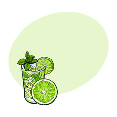Lime slice and glass of freshly squeezed juice with ice and straw, sketch style vector illustration with space for text. Hand drawn glass of lime cocktail with ice and grapefruit slice