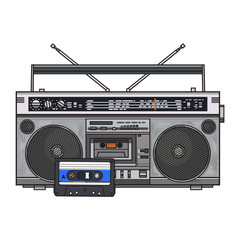 Old fashioned audio tape recorder, ghetto boom box and audiotape from 90s, sketch vector illustration isolated on white background. Front view of audio tape recorder, boom box and audio cassette