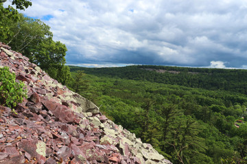 Summer landscape in Devils Lake State Park, Baraboo area, Wisconsin, USA. View from rocky south shore Ice age trail. Nature background. Nature of Midwest, Wisconsin.
