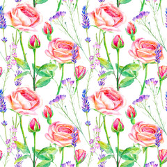 Seamless pattern of a purple roses,bluebell and lavender.Briar and herbs.Image for fabric, paper and other printing and web projects.Watercolor hand drawn illustration.White background.