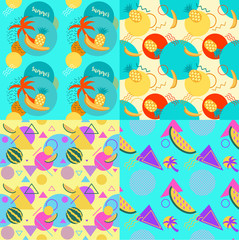 Seamless color trendy patterns set with watermelons and palms, geometric shapes, fashion vector backgrounds