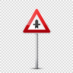 Road red signs collection isolated on transparent background. Road traffic control.Lane usage.Stop and yield. Regulatory signs. Curves and turns.
