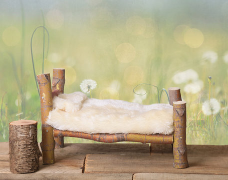 A newborn bed studio digital prop made from Japanese Maple tree branches with a dandelion green meadow nature background.