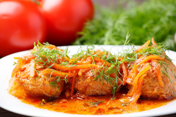 Cabbage rolls in tomato gravy with carrots and fresh dill on a white plate. Сlose-up.