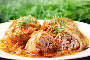 Cabbage rolls in tomato gravy with carrots and fresh dill on a white plate. Сlose-up.