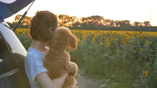 Young woman with her dog standing near the car  . Conceptual freedom, travel and holidays image with copy space.  
