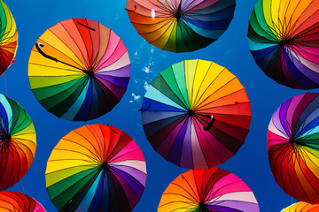 Colored umbrellas hung above the street.