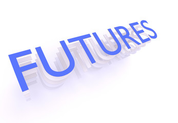 Futures, word in blue letters on white background, 3d rendering