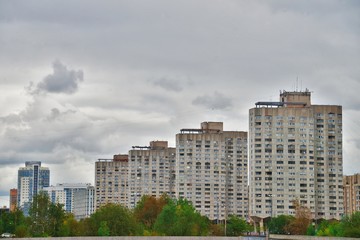 Fototapeta na wymiar City skyline. Residential area on Vasilyevsky island in Saint Petersburg on a cloudy autumn day
