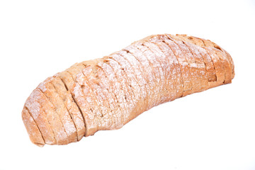 Sliced crusty ciabatta organic italian bread isolated on white background