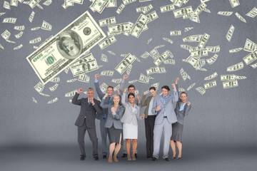 Happy business people with money rain against grey background