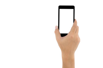 hand holding black phone isolated on white clipping path inside