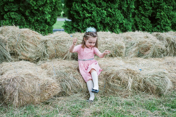 Naklejka na ściany i meble Little girl is played on the hay