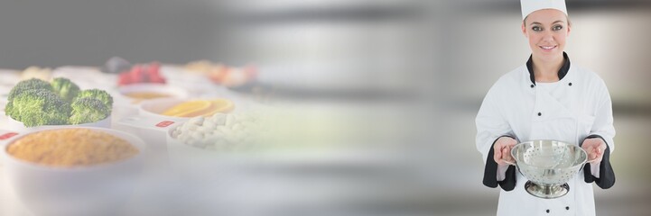 Chef holding colander with food transition